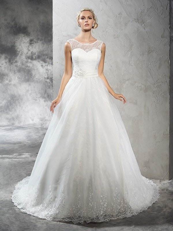 Ball Long Gown Sleeveless Sheer Neck Sash/Ribbon/Belt Net Wedding Dresses