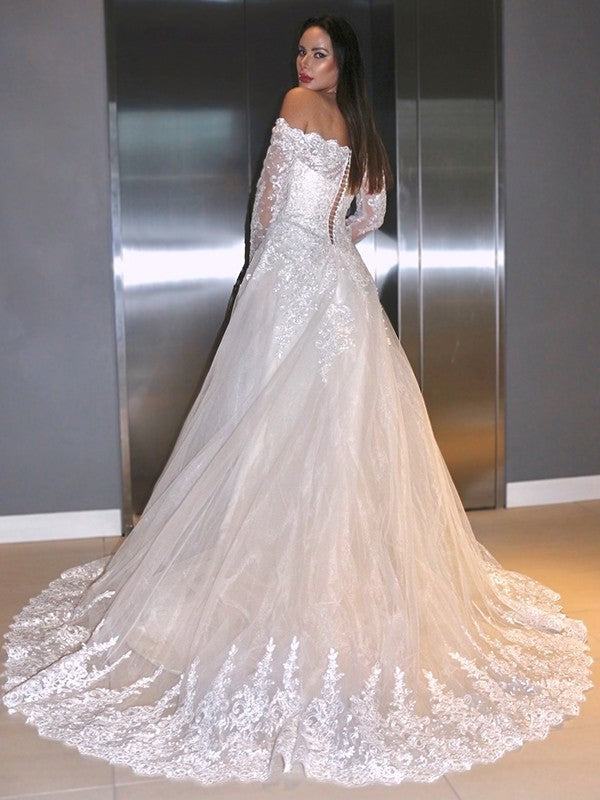 Sweep/Brush Sleeves Off-the-Shoulder Long Applique A-Line/Princess Lace Train Wedding Dresses