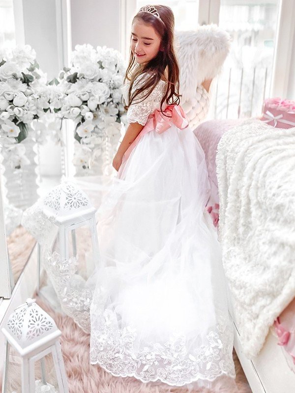 Sash/Ribbon/Belt Tulle Sweep/Brush Off-the-Shoulder 1/2 Train Sleeves A-Line/Princess Flower Girl Dresses