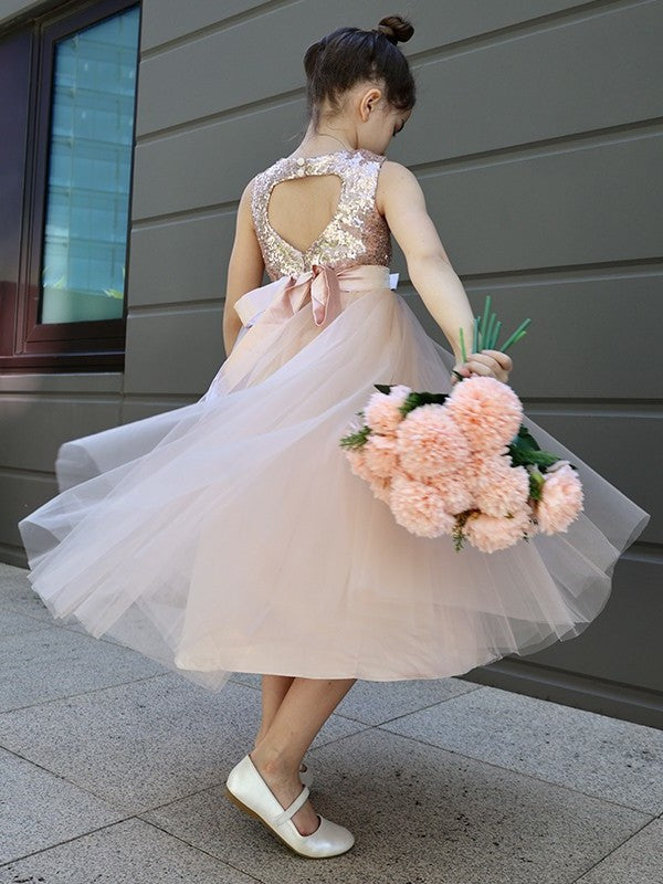 Sleeveless Scoop Bowknot Tulle A-Line/Princess Tea-Length Flower Girl Dresses