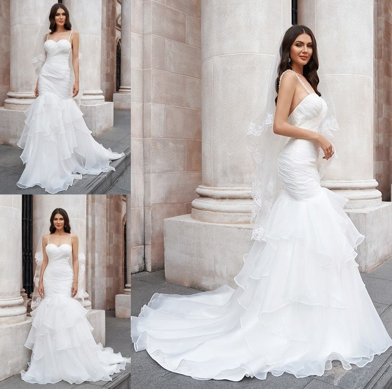 Straps Organza Sleeveless Layers Sweep/Brush Spaghetti Trumpet/Mermaid Train Wedding Dresses