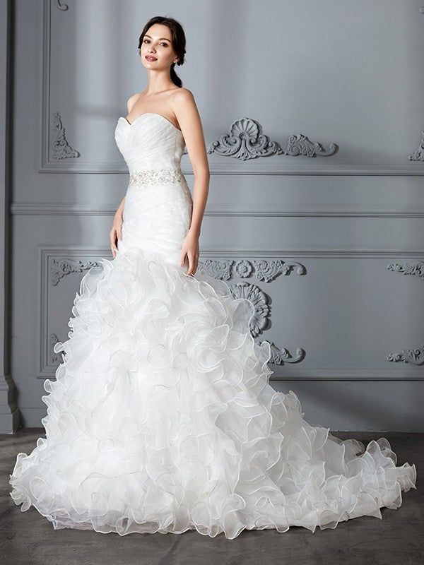 Sweep/Brush Sweetheart Trumpet/Mermaid Ruffle Train Sleeveless Satin Wedding Dresses