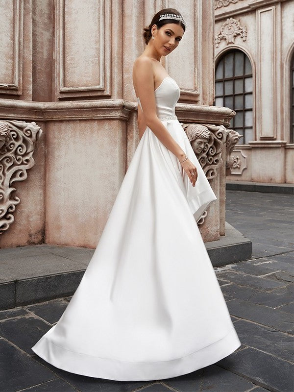 Sleeveless Ruffles Satin Sweetheart A-Line/Princess Asymmetrical Wedding Dresses