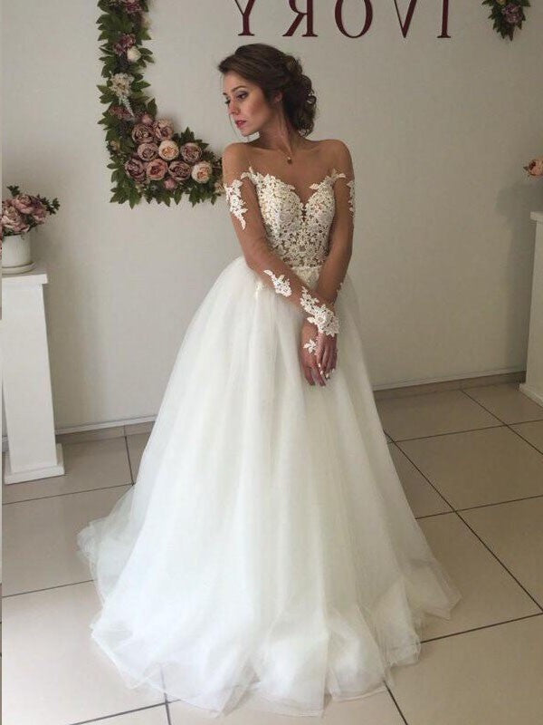 Sweep/Brush Tulle Train Long Off-the-Shoulder A-Line/Princess Sleeves Wedding Dresses