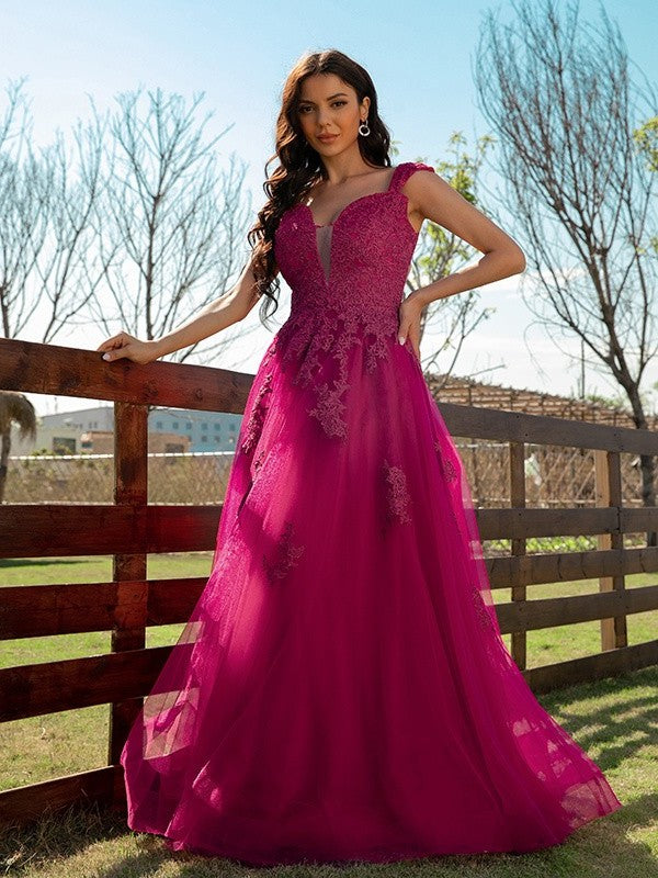 V-neck Tulle Applique A-Line/Princess Sleeveless Floor-Length Dresses