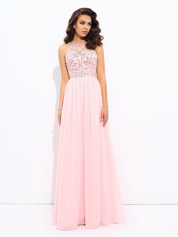 Sleeveless Jewel A-line/Princess Beading Long Chiffon Dresses