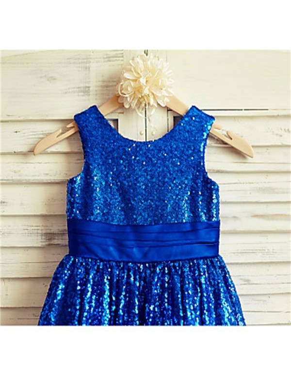 Sequins Bowknot Scoop Tea-Length Sleeveless A-line/Princess Flower Girl Dresses