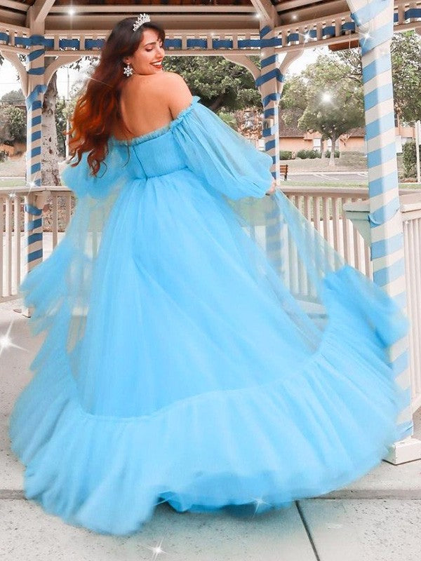 Applique Long Tulle A-Line/Princess Off-the-Shoulder Sleeves Floor-Length Dresses