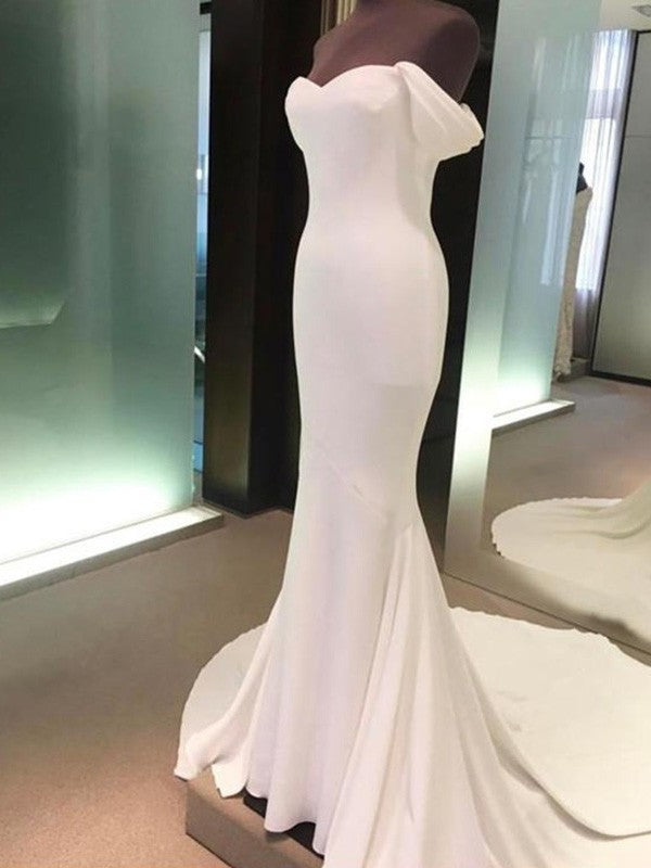 Court Off-the-Shoulder Sleeves Sheath/Column Train Short Spandex Wedding Dresses