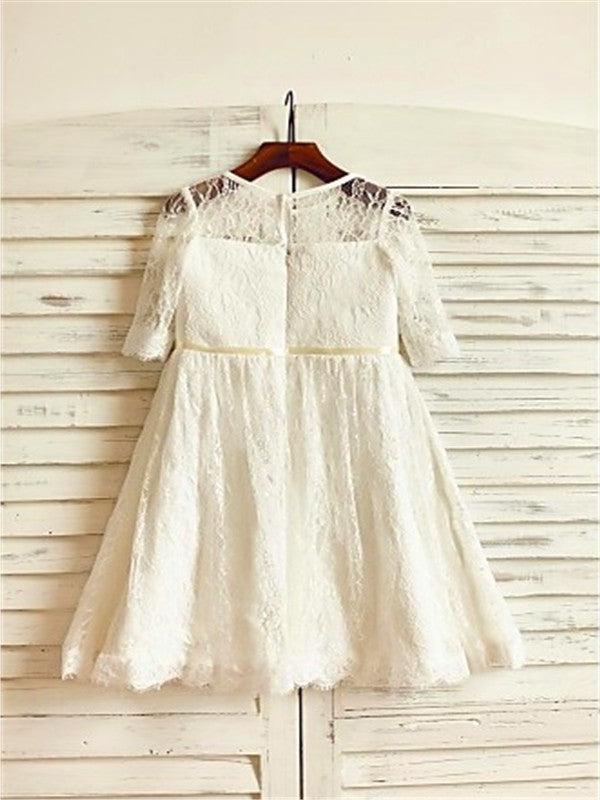 Flower Sleeves 3/4 Ankle-Length Hand-made Lace Scoop A-line/Princess Flower Girl Dresses