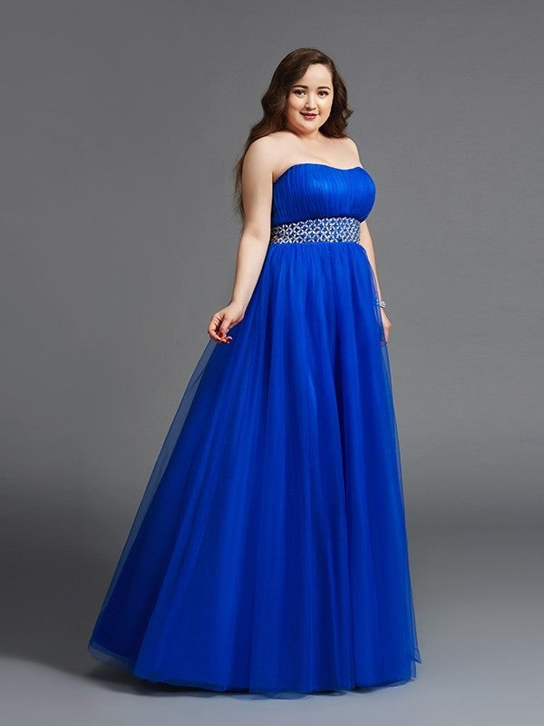 A-Line/Princess Rhinestone Sleeveless Long Net Strapless Plus Size Dresses