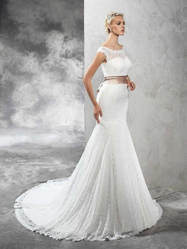 Sash/Ribbon/Belt Sleeveless Neck Sheath/Column Sheer Long Lace Wedding Dresses