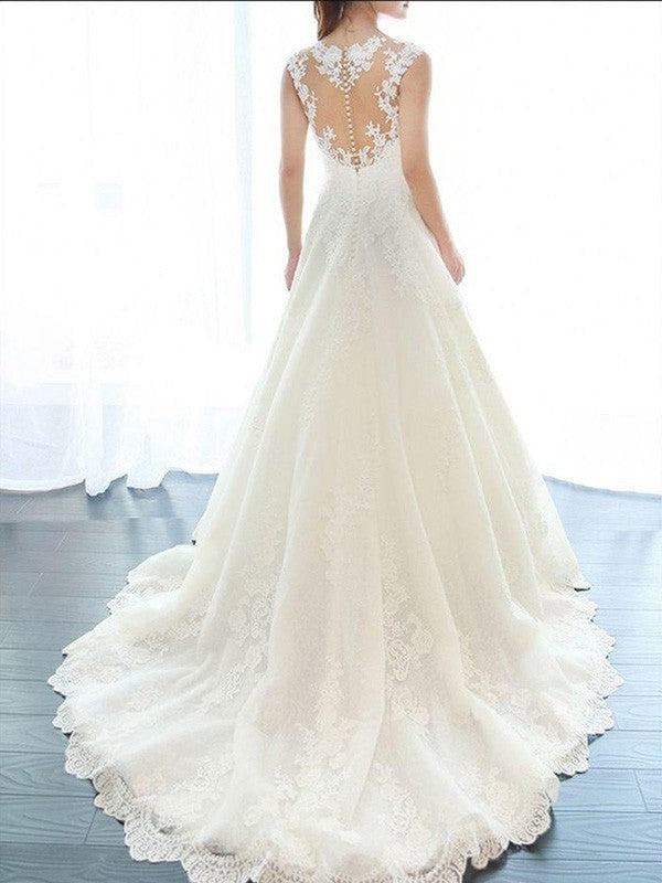 V-neck Applique A-Line/Princess Sleeveless Court Train Lace Wedding Dresses