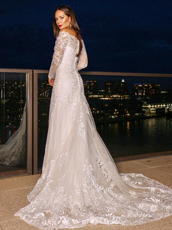 Off-the-Shoulder Sheath/Column Lace Sleeves Court Long Train Wedding Dresses