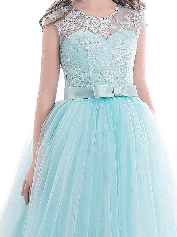 Tulle Jewel Ball Gown Floor-Length Sleeveless Bowknot Flower Girl Dresses