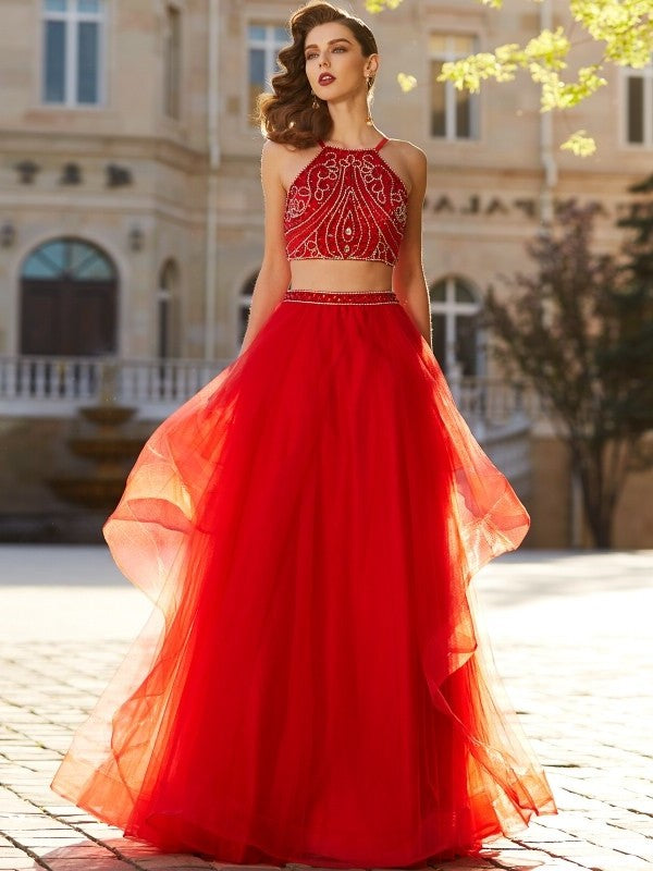 Floor-Length Beading Tulle Spaghetti Straps Sleeveless A-Line/Princess Two Piece Dresses