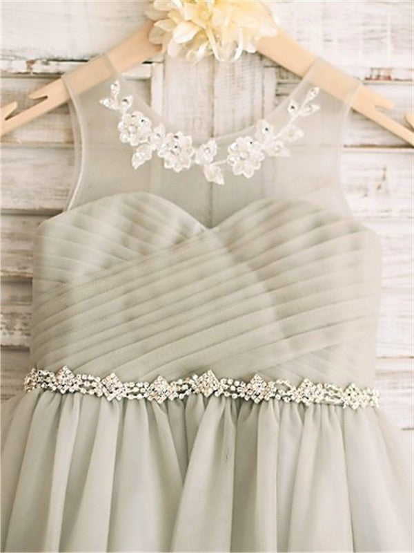 Tea-Length Beading A-line/Princess Scoop Sleeveless Tulle Flower Girl Dresses