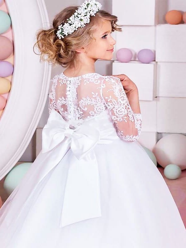 Gown Train 1/2 Lace Jewel Ball Tulle Sweep/Brush Sleeves Flower Girl Dresses