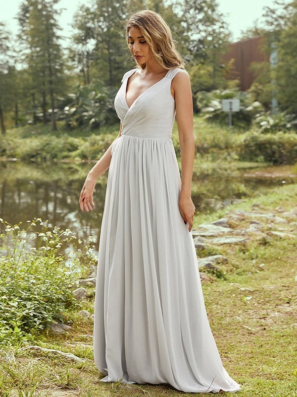 V-neck A-Line/Princess Sleeveless Chiffon Ruffles Floor-Length Bridesmaid Dresses