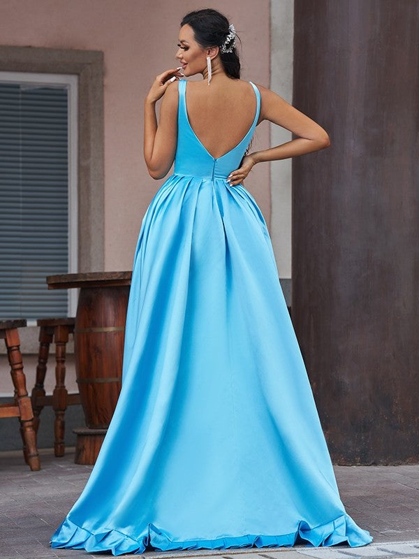 V-neck A-Line/Princess Ruffles Satin Sleeveless Asymmetrical Dresses