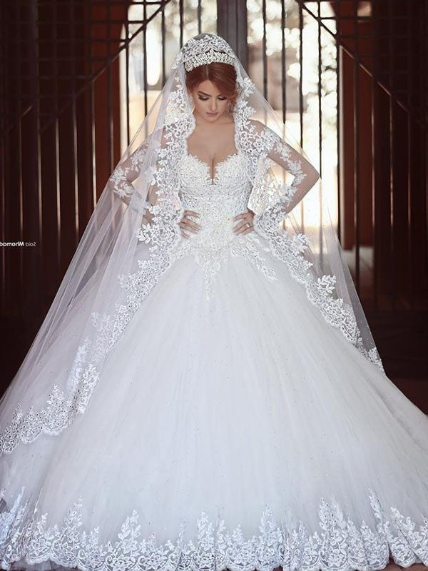 Ball Long Off-the-Shoulder Gown Tulle Sleeves Court Train Wedding Dresses