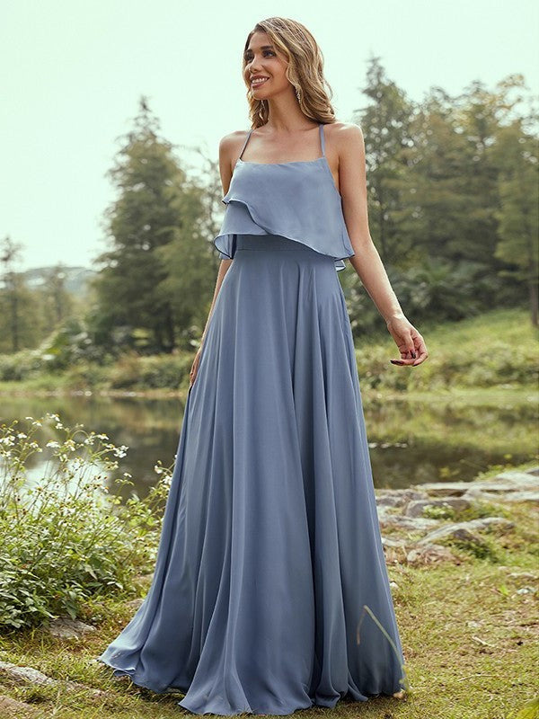 Spaghetti A-Line/Princess Sleeveless Chiffon Straps Ruffles Floor-Length Bridesmaid Dresses