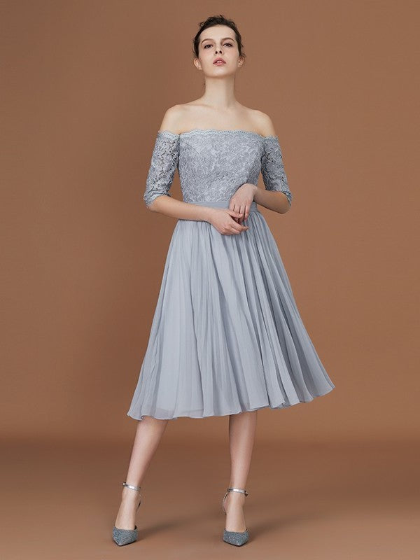 Off-the-Shoulder Short A-Line/Princess Sleeves Lace Tea-Length Chiffon Bridesmaid Dress