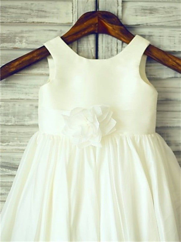 Chiffon Flower Scoop A-line/Princess Sleeveless Hand-made Tea-Length Flower Girl Dresses