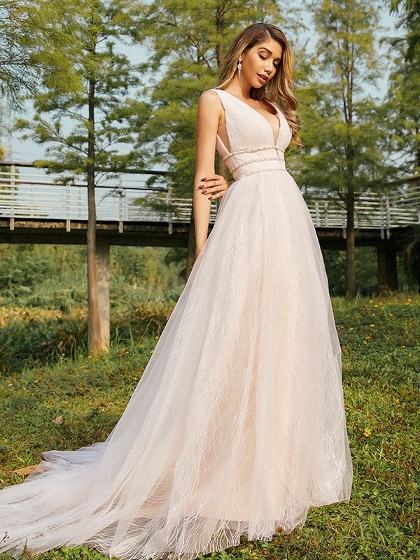 A-Line/Princess Sleeveless V-neck Ruffles Sweep/Brush Tulle Train Wedding Dresses