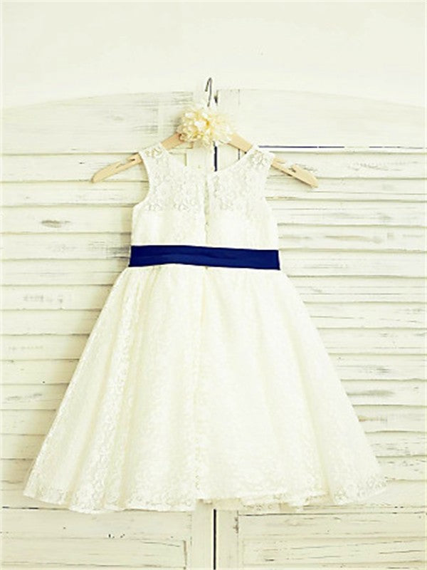 Tea-Length Bowknot Sleeveless Lace A-line/Princess Scoop Flower Girl Dresses