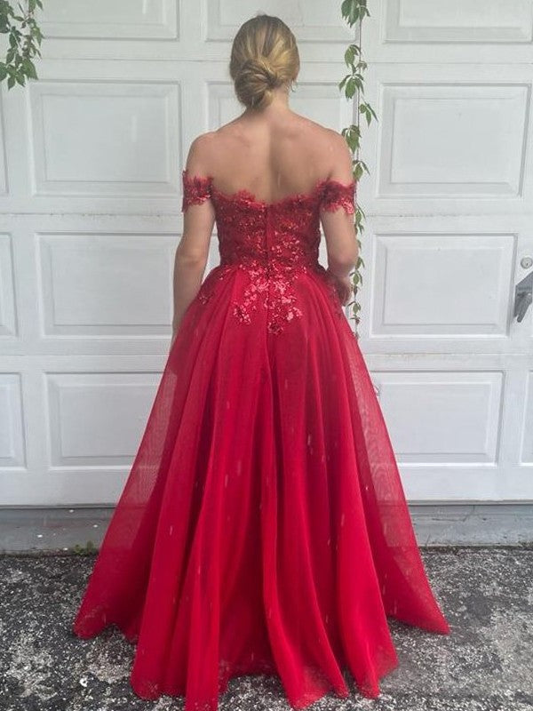 Off-the-Shoulder Tulle Applique A-Line/Princess Sleeveless Floor-Length Dresses