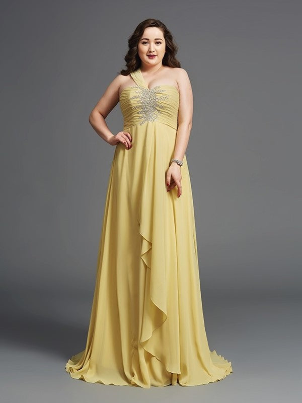 Chiffon Rhinestone A-Line/Princess Long Sleeveless One-Shoulder Plus Size Dresses