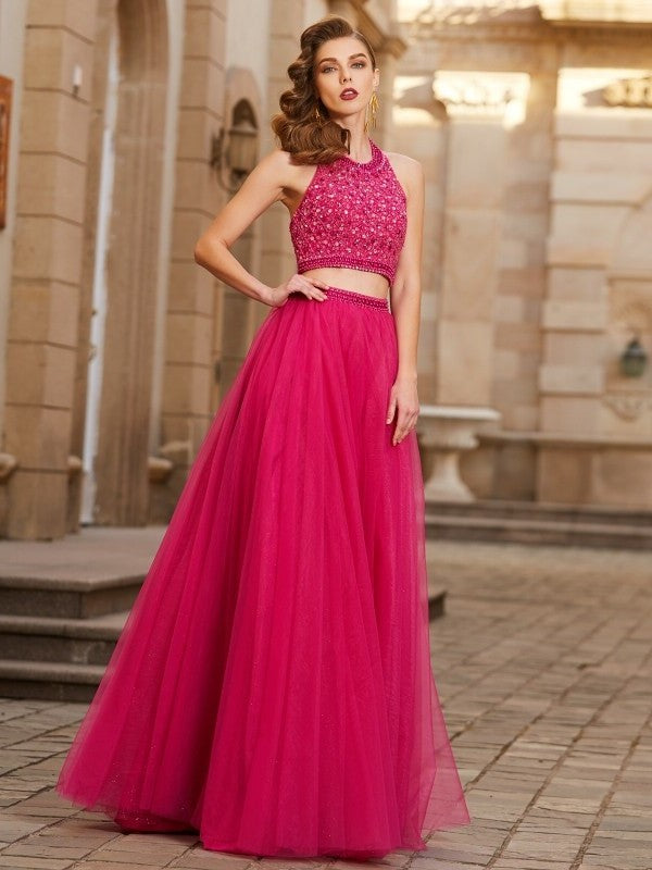 Floor-Length Halter Sleeveless Beading A-Line/Princess Tulle Two Piece Dresses