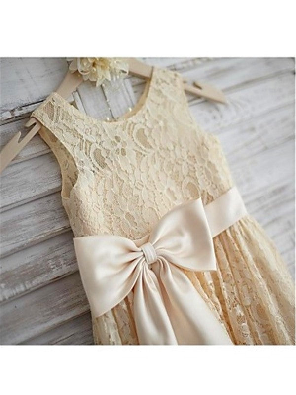 Lace Sleeveless Bowknot A-line/Princess Knee-Length Scoop Flower Girl Dresses