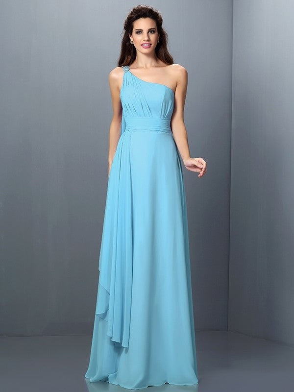 Pleats Sleeveless A-Line/Princess Long One-Shoulder Chiffon Bridesmaid Dresses