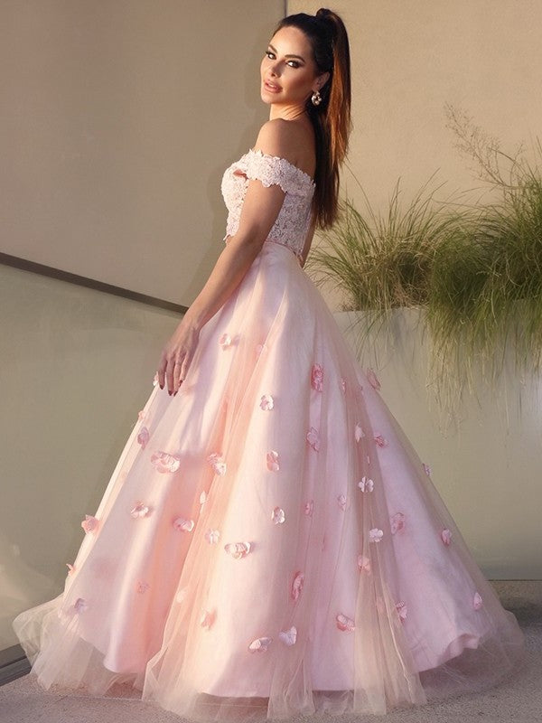 Hand-Made A-Line/Princess Sleeveless Tulle Floor-Length Flower Off-the-Shoulder Two Piece Dresses