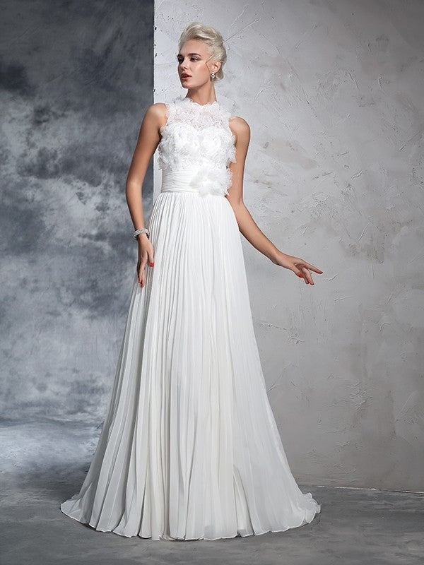 Long Sleeveless A-Line/Princess Neck Pleats High Chiffon Wedding Dresses