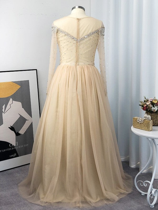 Sleeves Sequin Tulle Floor-Length Gown Ball Off-the-Shoulder Long Plus Size Dresses