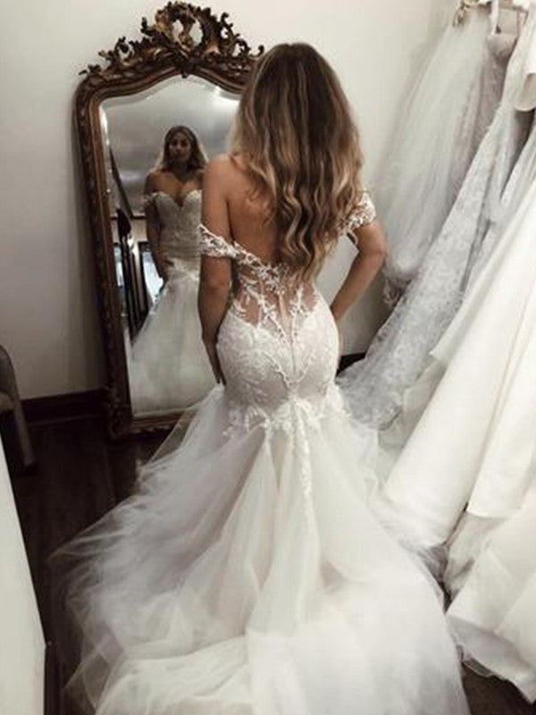 Tulle Sweep/Brush Off-the-Shoulder Applique Sleeveless Trumpet/Mermaid Train Wedding Dresses