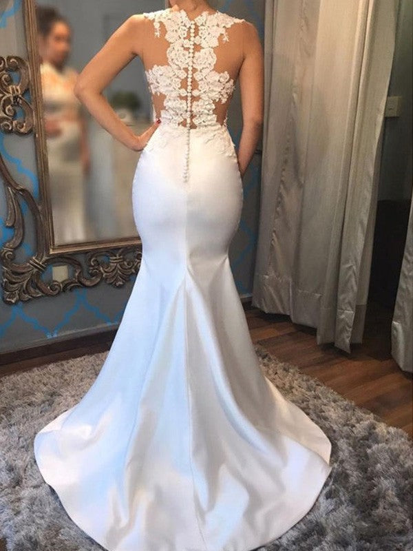 Court Scoop Trumpet/Mermaid Sleeveless Train Applique Satin Wedding Dresses