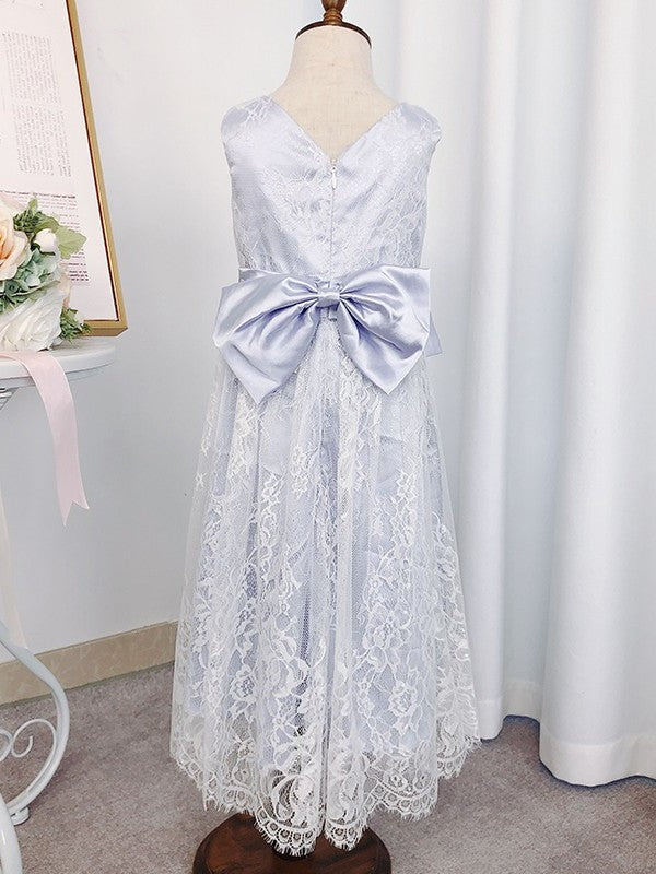 Lace Bowknot Sleeveless Scoop Tea-Length A-Line/Princess Flower Girl Dresses