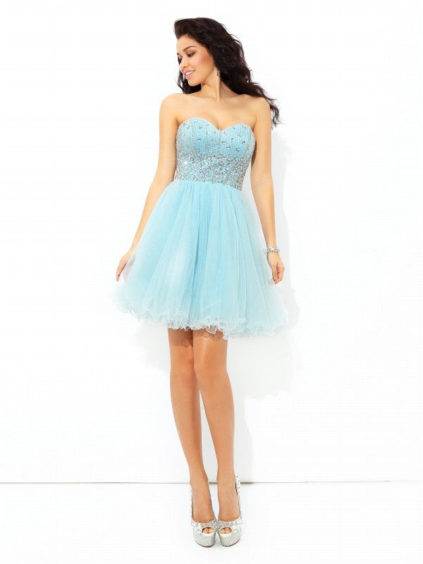 A-Line/Princess Sweetheart Beading Short Homecoming Dresses Sleeveless Satin Ada Cocktail Dresses