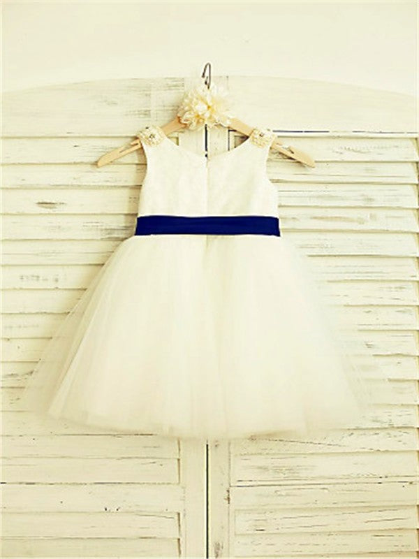 Bowknot Tea-Length Tulle Scoop A-line/Princess Sleeveless Flower Girl Dresses