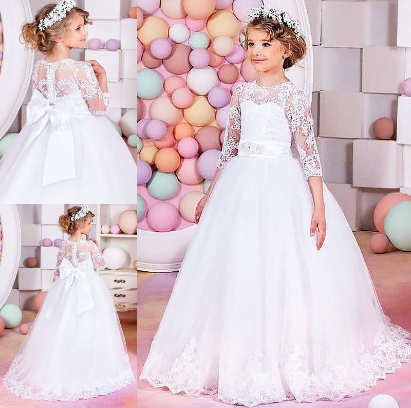 Gown Train 1/2 Lace Jewel Ball Tulle Sweep/Brush Sleeves Flower Girl Dresses