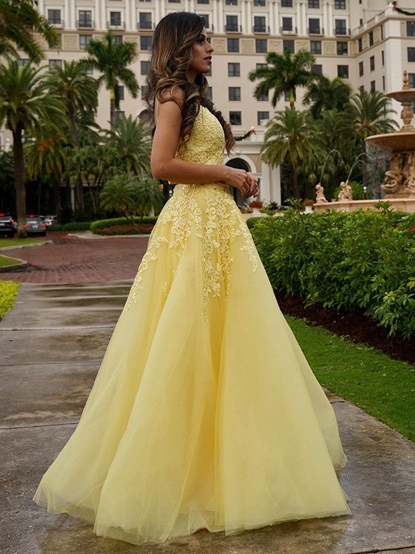 Sleeveless V-neck Floor-Length Tulle Applique A-Line/Princess Two Piece Dresses