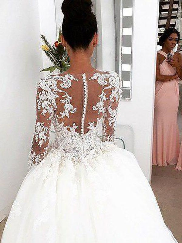 Ball Gown Long Scoop Train Sleeves Court Lace Wedding Dresses