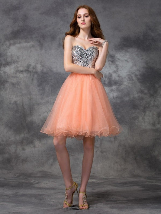 A-line/Princess Spaghetti Straps Beading Sleeveless Short Net Homecoming Dresses Tatum Cocktail Dresses