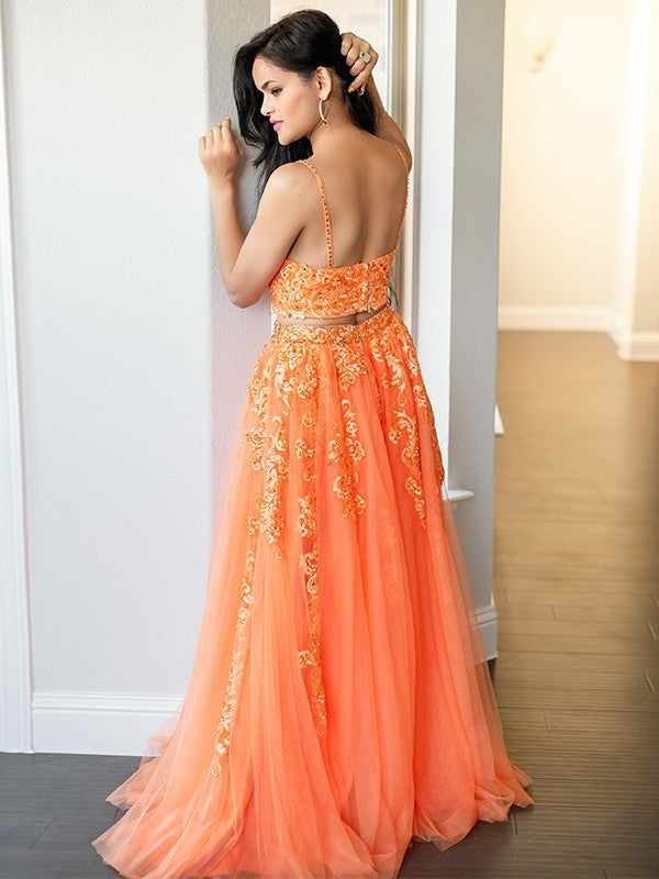 Tulle Sleeveless Applique V-neck A-Line/Princess Floor-Length Two Piece Dresses