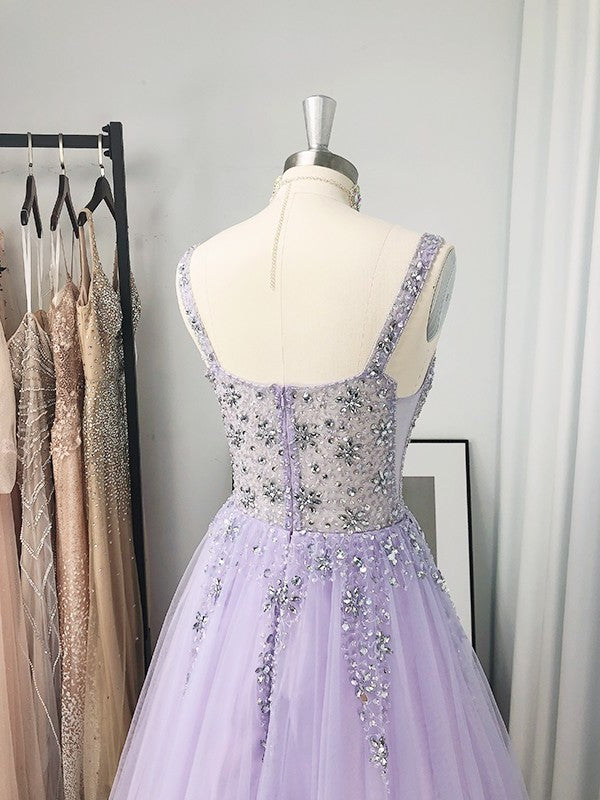 V-neck A-Line/Princess Tulle Beading Sleeveless Floor-Length Dresses