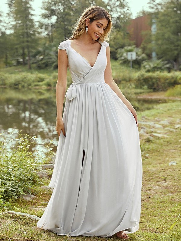 V-neck A-Line/Princess Sleeveless Chiffon Ruffles Floor-Length Bridesmaid Dresses